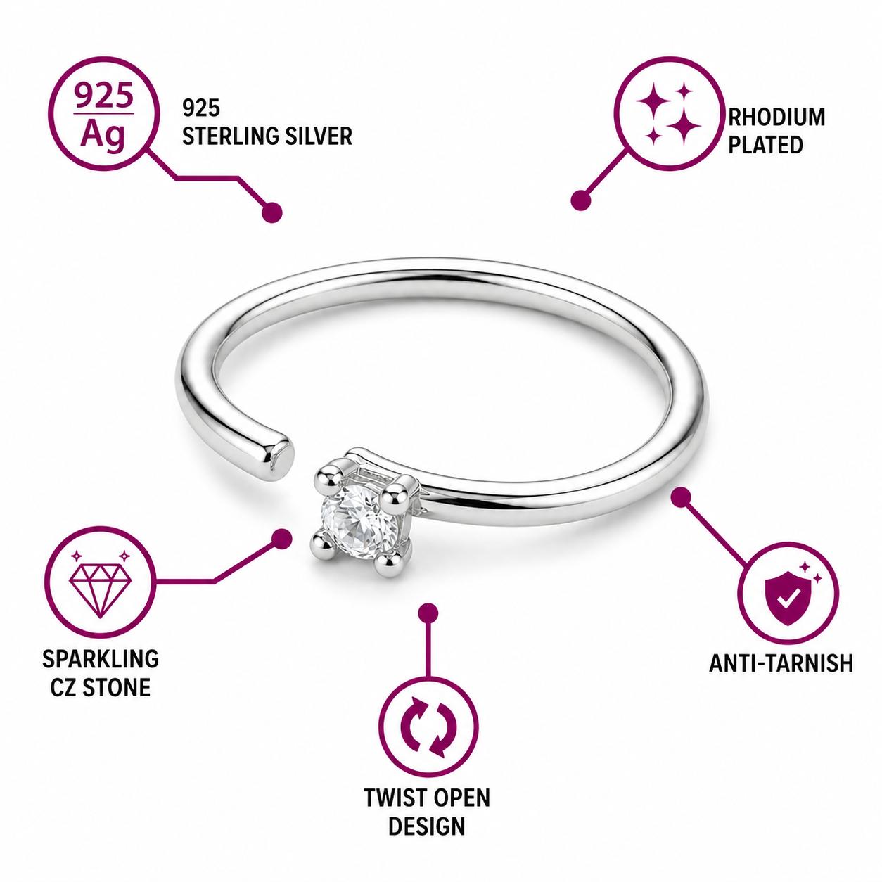 925 Sterling Silver Solitaire Cz Open Hoop Nose Ring - Image 3